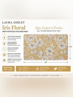 Laura Ashley Iris Floral Anti-Fatigue Kitchen Mat Tawny Yellow 17.5” x 32” NWT